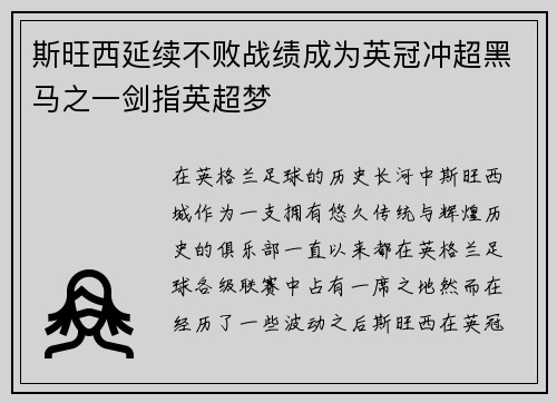 斯旺西延续不败战绩成为英冠冲超黑马之一剑指英超梦