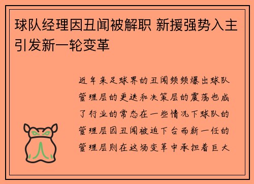 球队经理因丑闻被解职 新援强势入主引发新一轮变革